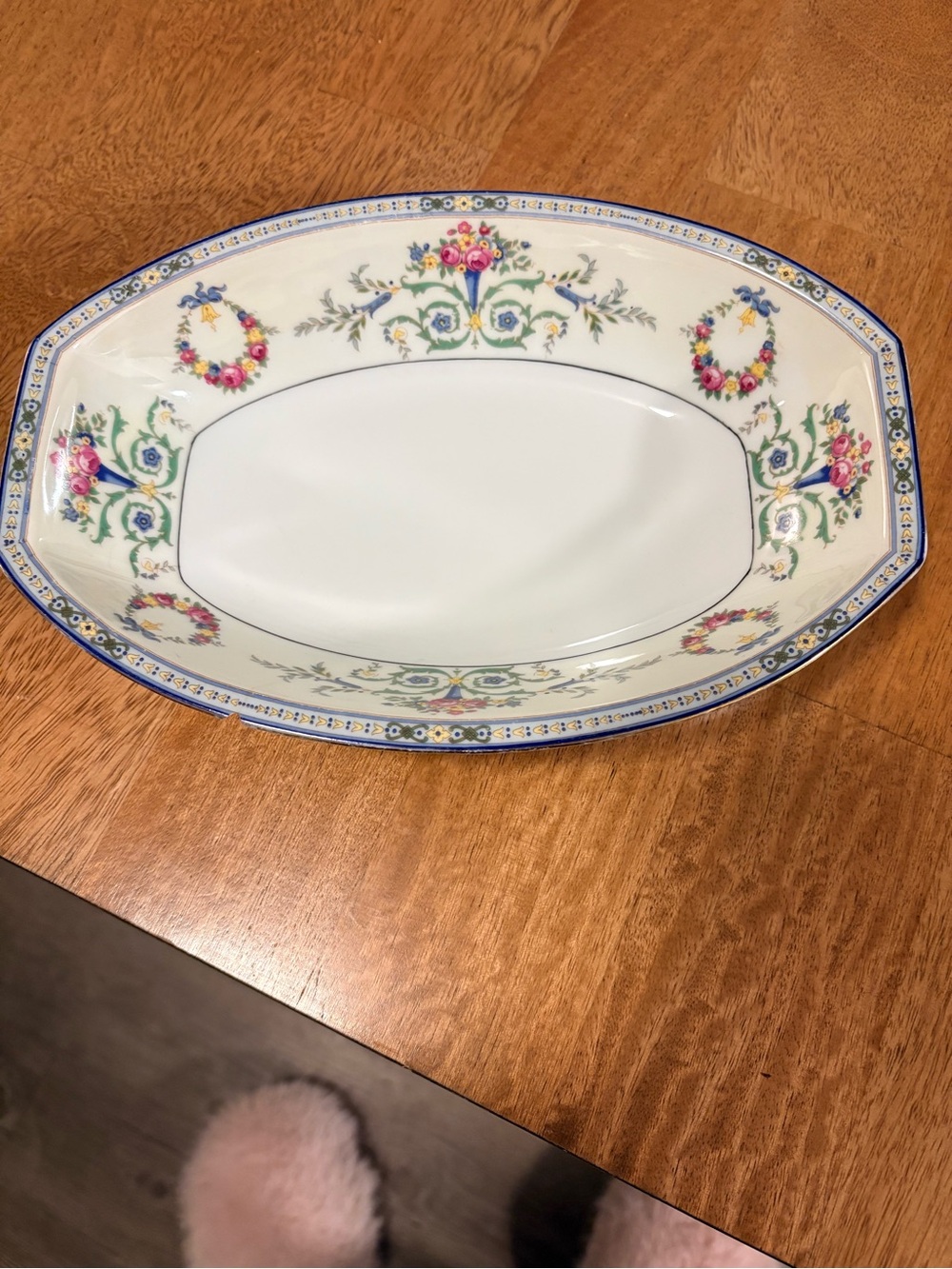 Decorative Floral Ceramic Serving Platter - White with Pink & Blue Accents